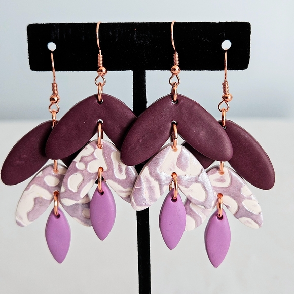 Handmade 3-Tier Iridescent Animal Print Purple/White/Rose Gold Floral Earrings - Picture 5 of 5